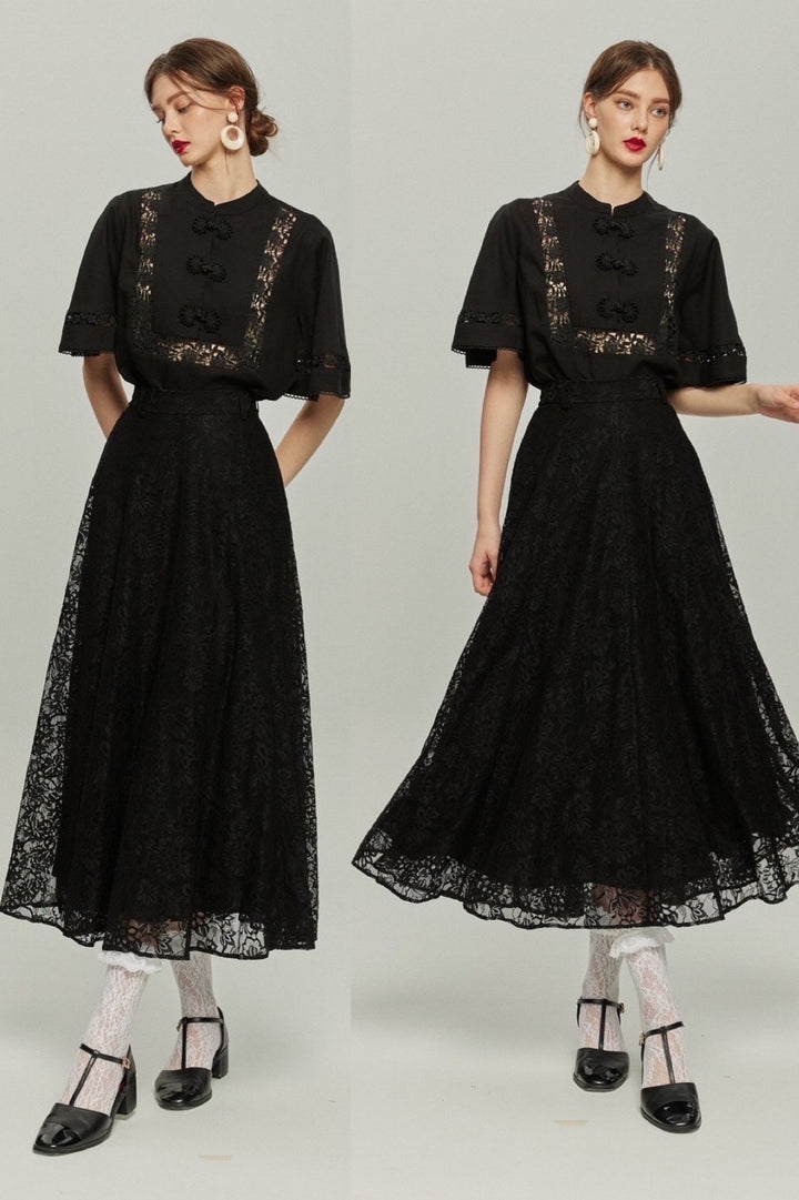 《不老不死の薬をください》チャイナバックルフレアスリーブトップス-Black