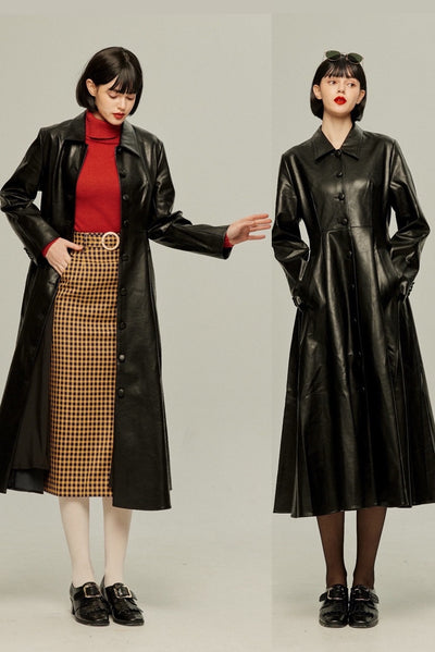 [I started seeing hallucinations] Faux leather long dress coat-Black