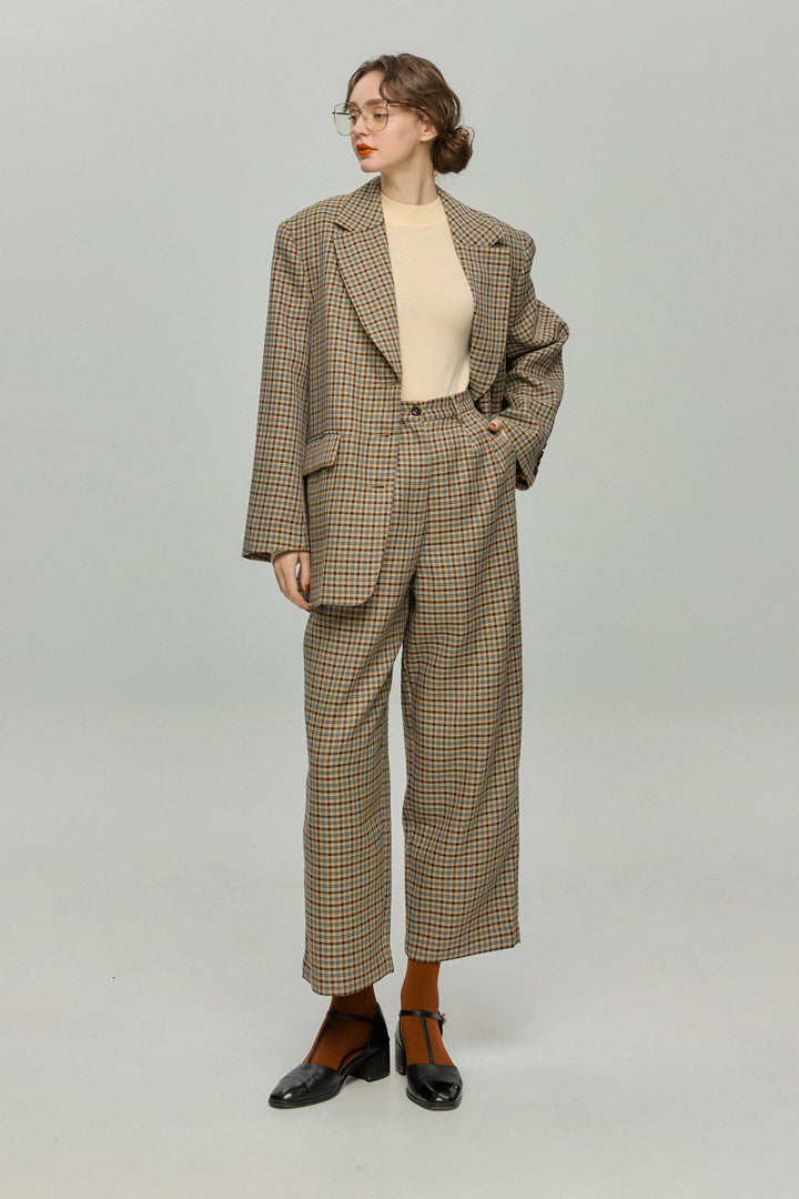 《テディベアの耳をちくちく直す》ハイウエストワイドチェックパンツ-Brown
