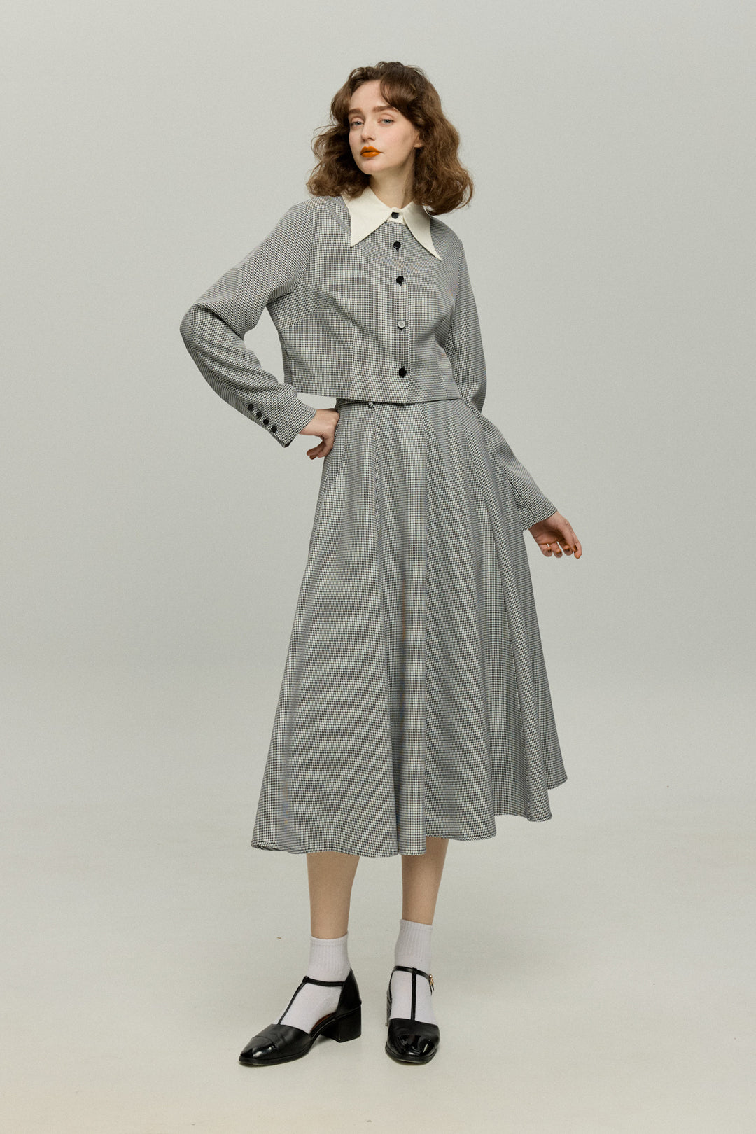 《つい一口食べちゃいました》ハイウエストサーキュラースカート-Houndstooth check