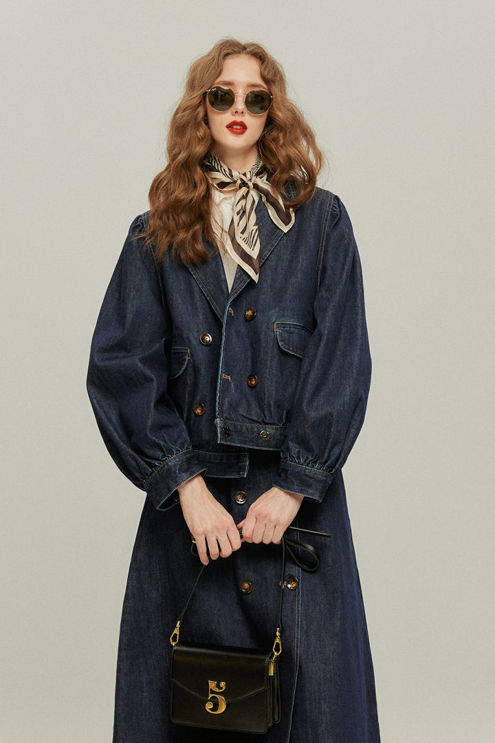《何階に行きますか？》ダブルブレストデニムスカート-Navy