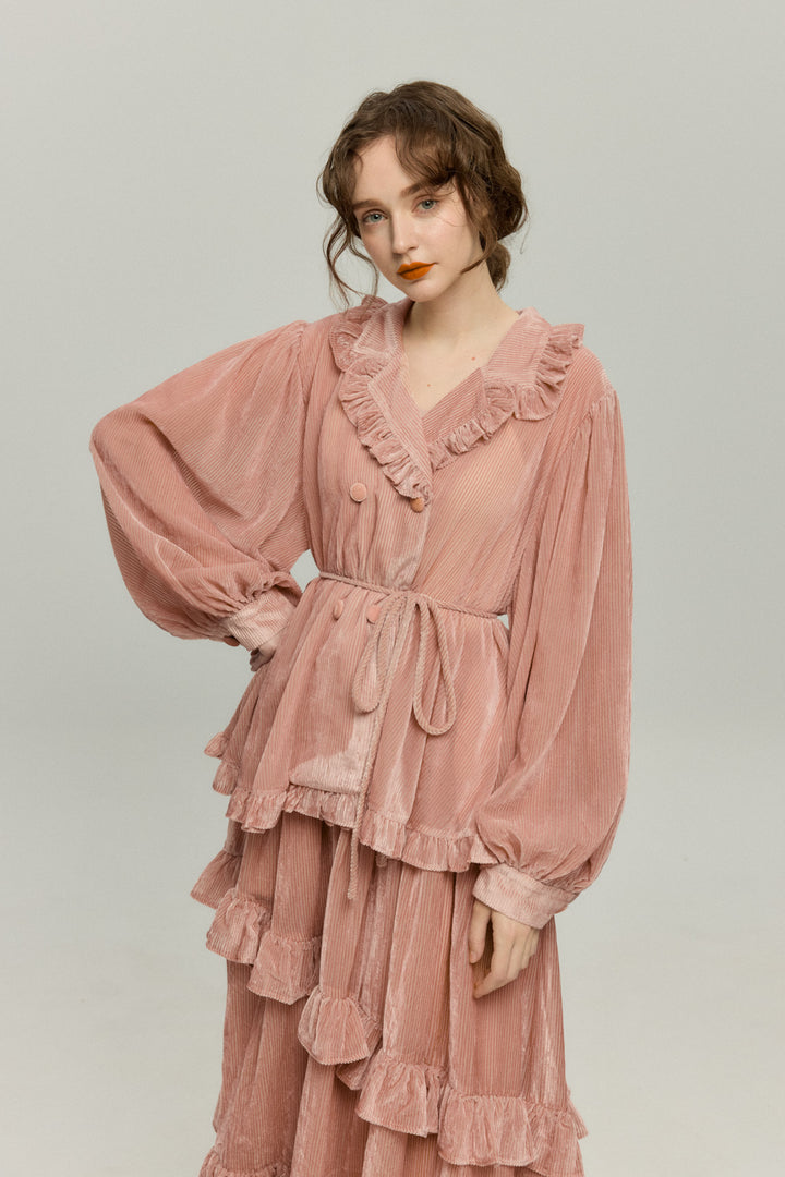 《お城を奪い返しちゃおう》フリルデザインベルベットトップス-Pink