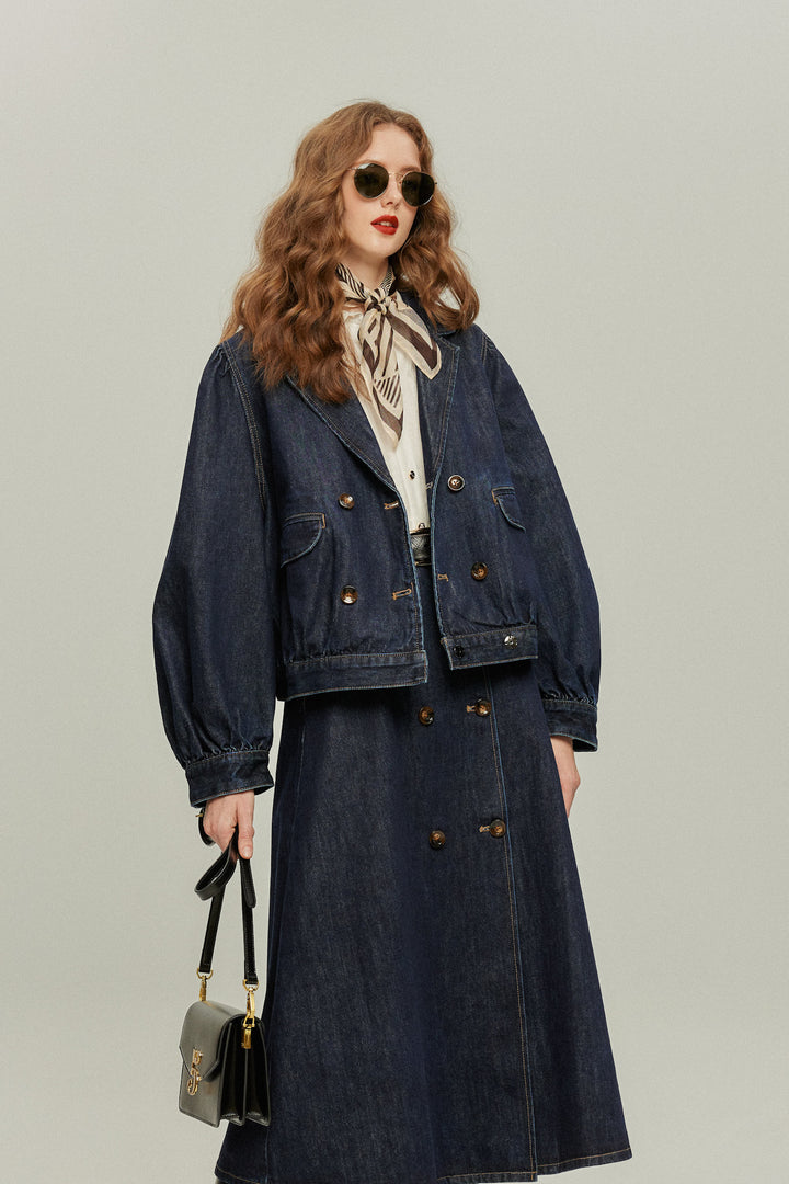 《何階に行きますか？》ダブルブレストデニムスカート-Navy