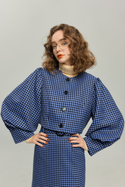 《缶切りが行方不明》2wayチェッククロップドトップス-Blue