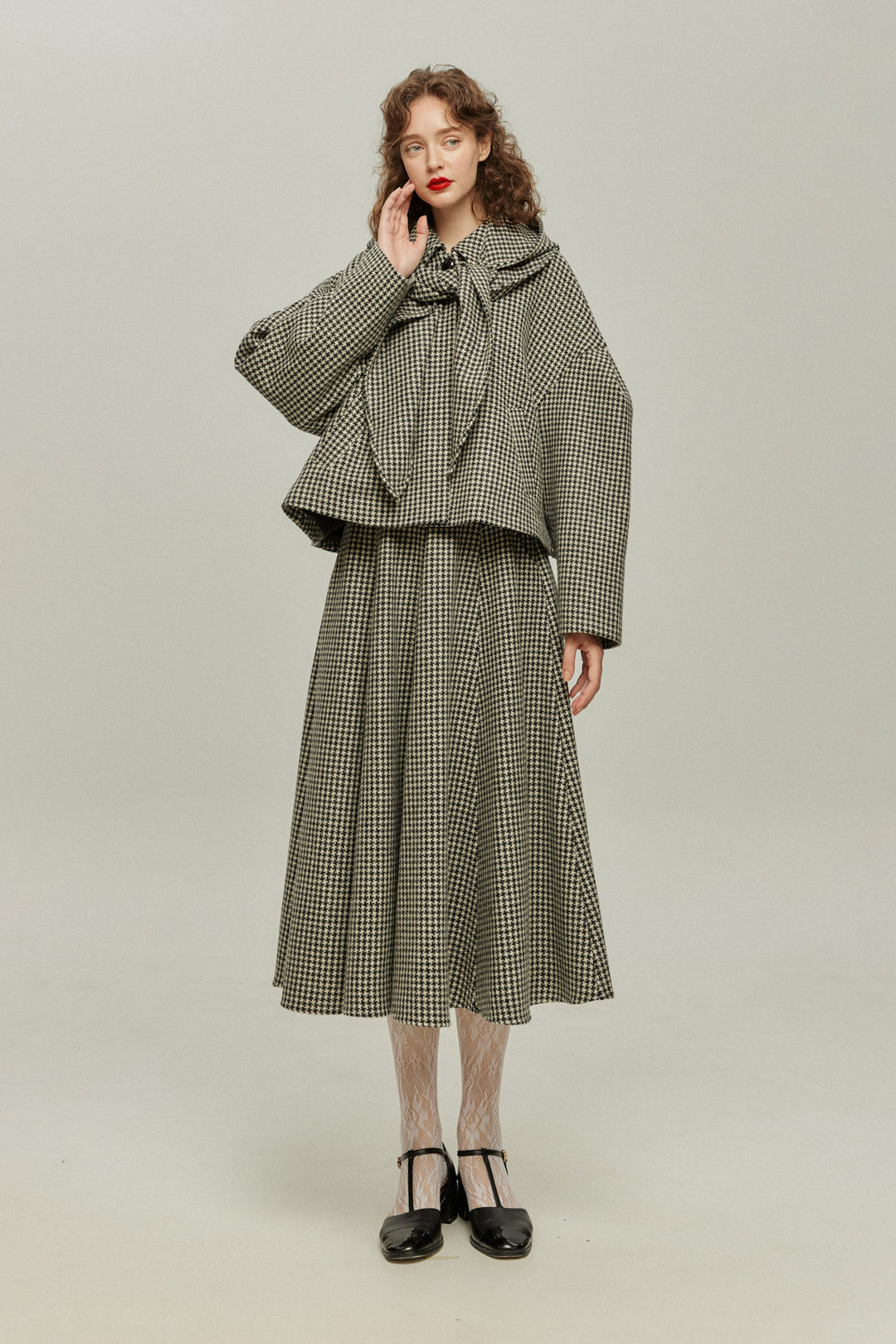[British Derby Broadcasting] High Waist Check Skirt-Black