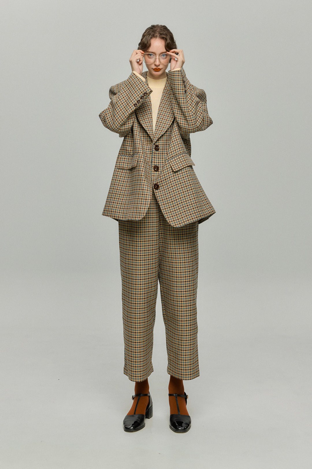 《テディベアの耳をちくちく直す》ハイウエストワイドチェックパンツ-Brown