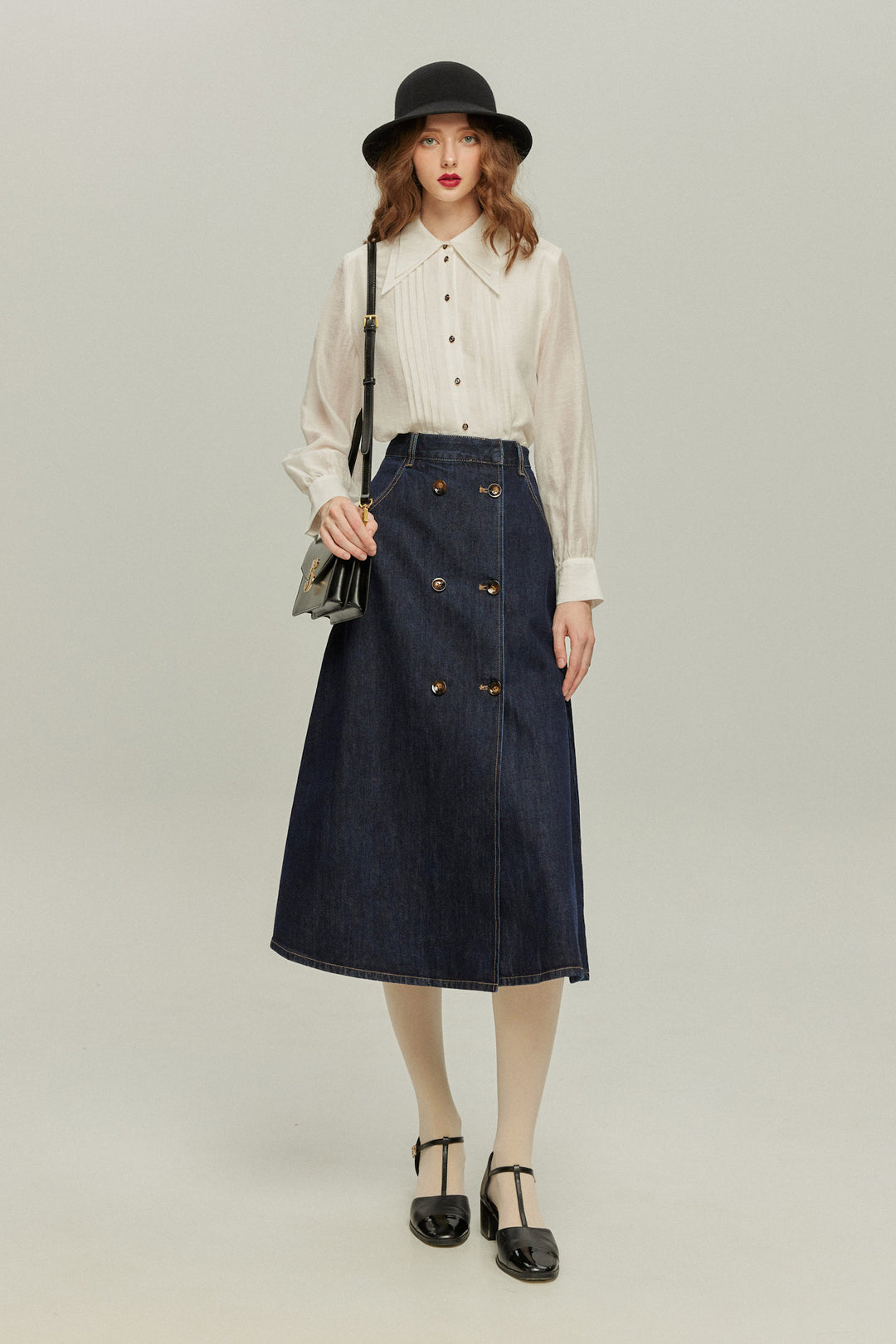 《何階に行きますか？》ダブルブレストデニムスカート-Navy
