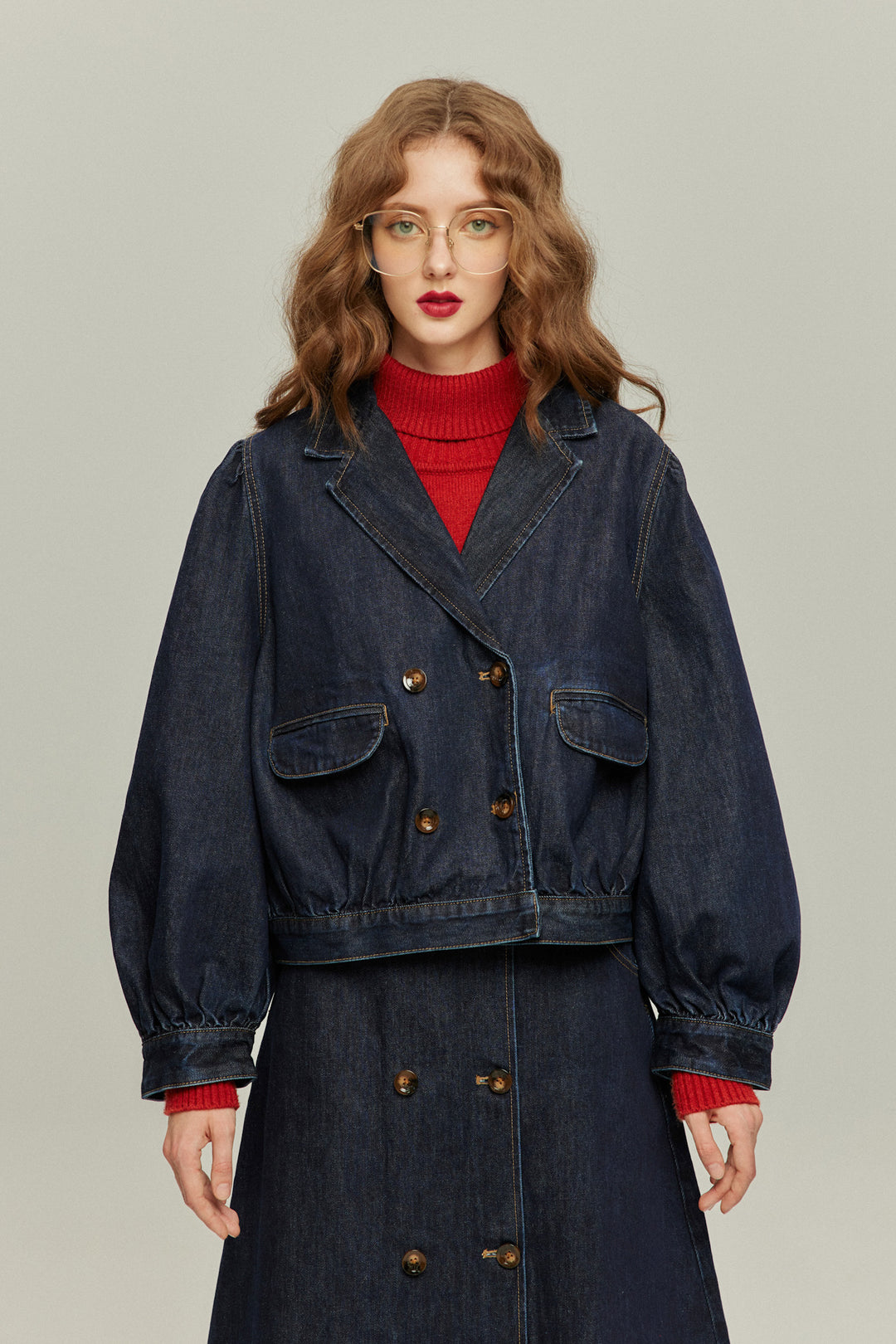 《何階に行きますか？》ダブルブレストデニムスカート-Navy