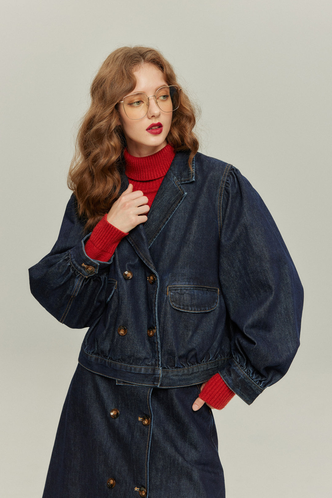 《何階に行きますか？》ダブルブレストデニムスカート-Navy