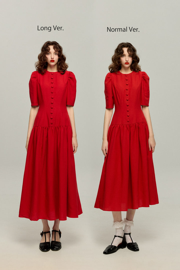 《お耳が長い動物って？》ハイウエストデザインドレス-Red