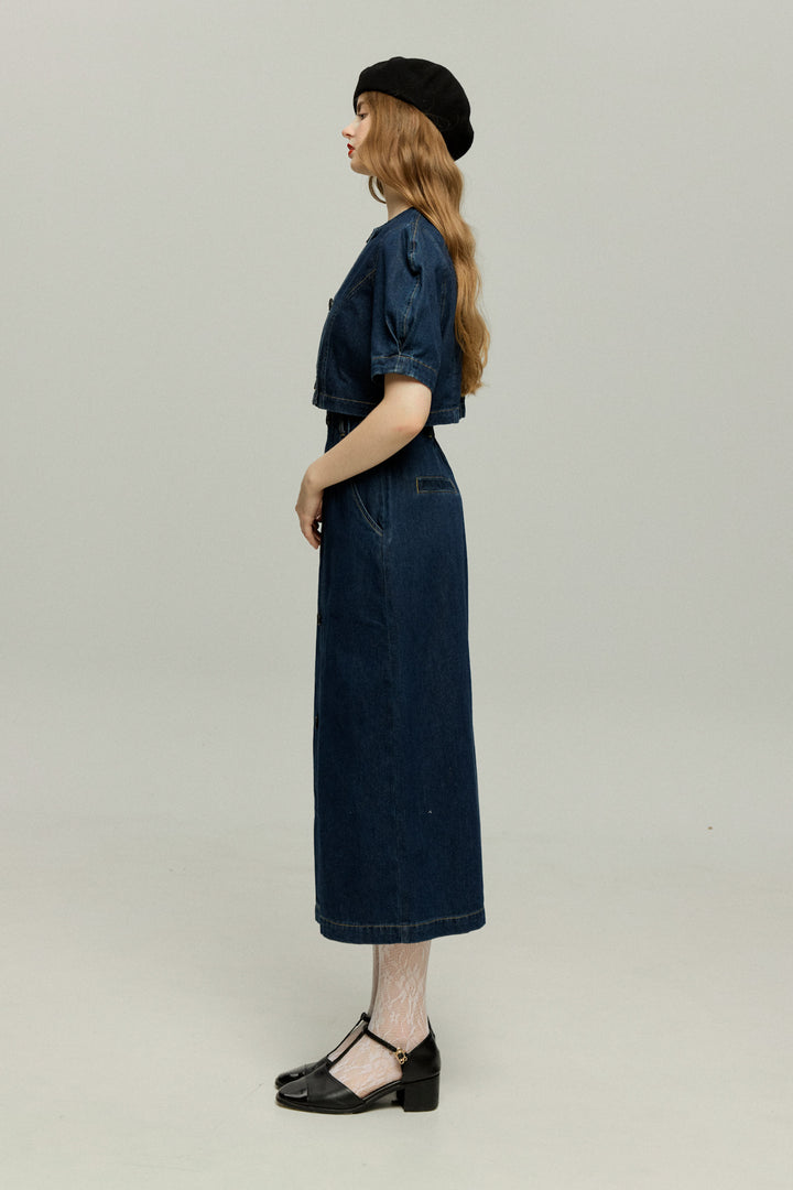 《犬九匹まとめてお散歩中》ダブルブレストハイウエストデニムスカート-Navy