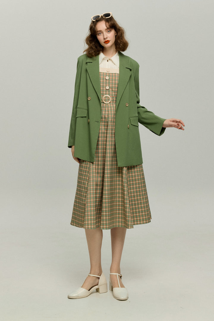 《北京ダックを持ち帰りで》ショルダーストラップハイウエストドレス-Green