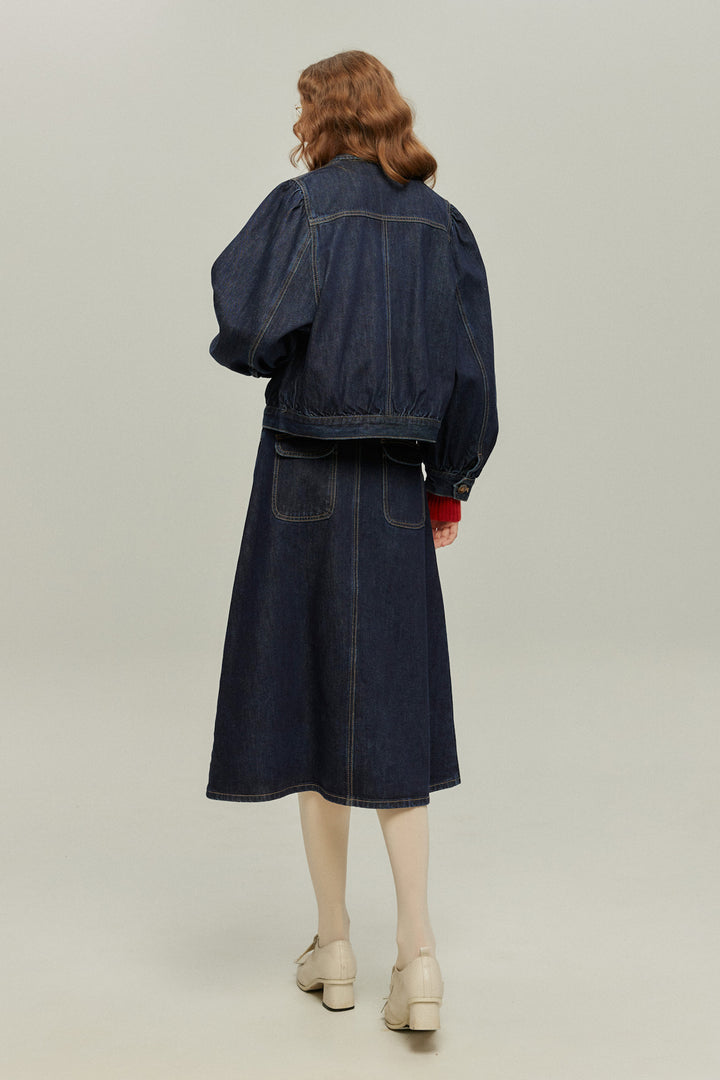 《何階に行きますか？》ダブルブレストデニムスカート-Navy