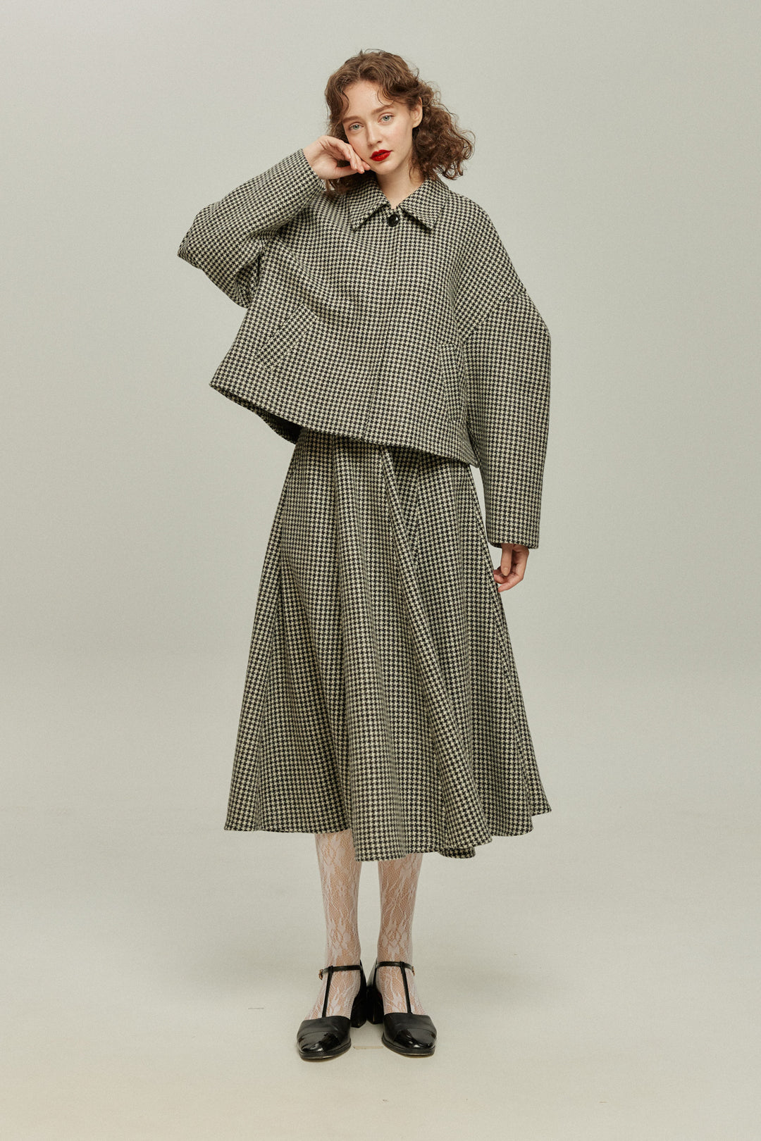 [British Derby Broadcasting] High Waist Check Skirt-Black