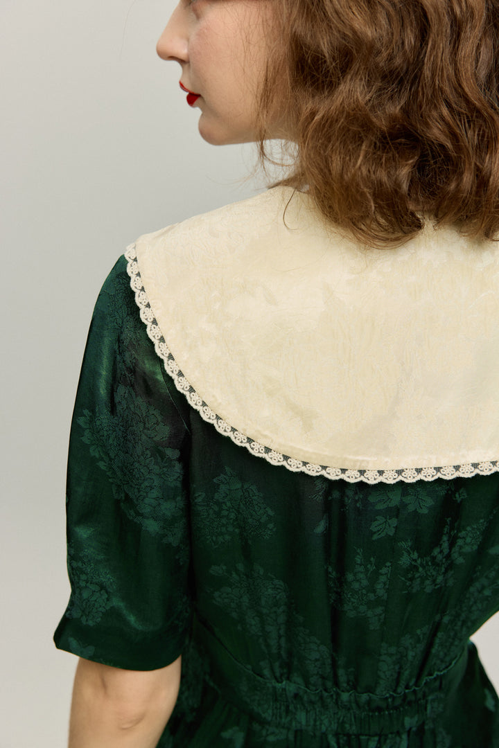 《一籠の包子は何個？》レーストリムジャガードワンピース-Green