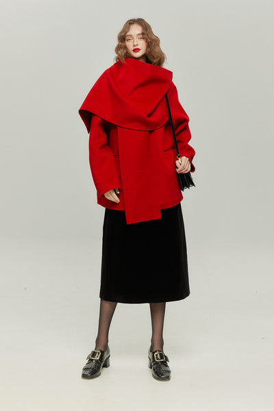 《クリスマスツリーのサイズはどれにする？》ストール風カラーデザインアウター-Red