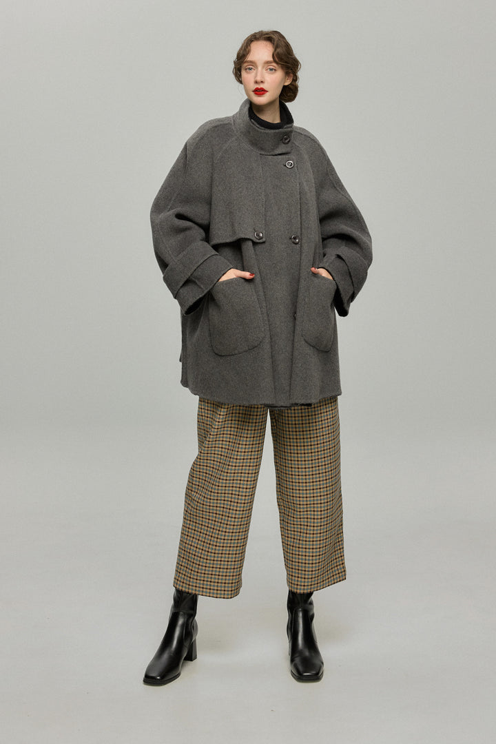 《テディベアの耳をちくちく直す》ハイウエストワイドチェックパンツ-Brown