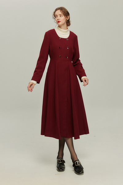 《いつもカウンターに座る彼女》ダブルブレストウールブレンドドレスコート-Wine red