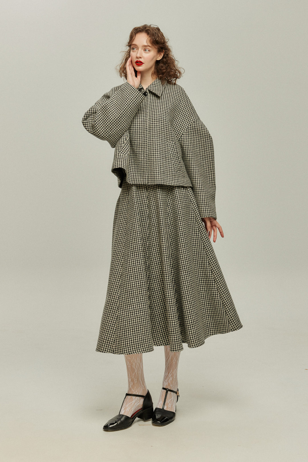 [British Derby Broadcasting] High Waist Check Skirt-Black