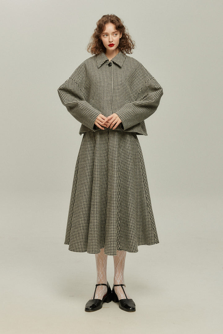 [British Derby Broadcasting] High Waist Check Skirt-Black