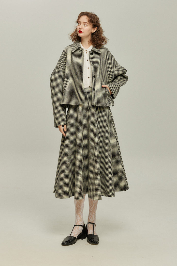 [British Derby Broadcasting] High Waist Check Skirt-Black