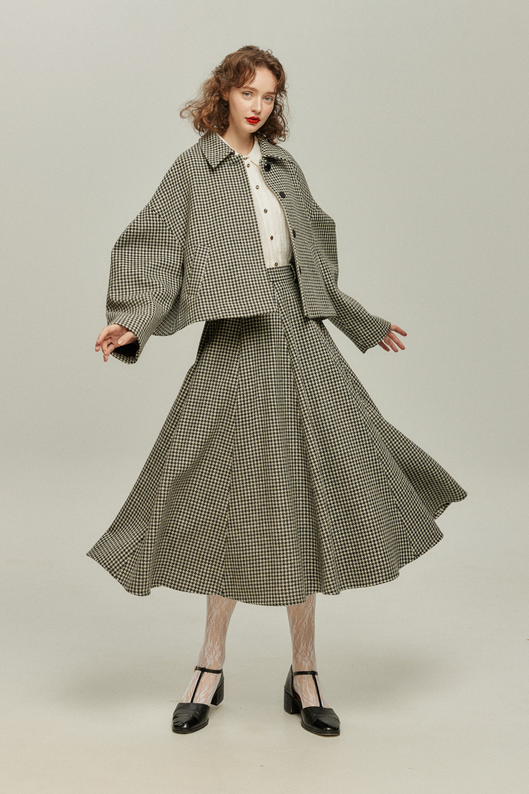 [British Derby Broadcasting] High Waist Check Skirt-Black