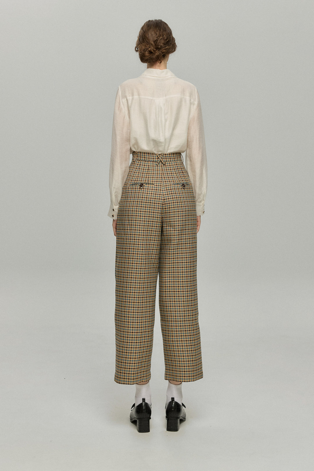《テディベアの耳をちくちく直す》ハイウエストワイドチェックパンツ-Brown