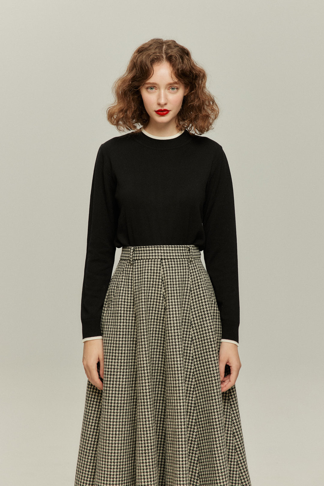 [British Derby Broadcasting] High Waist Check Skirt-Black