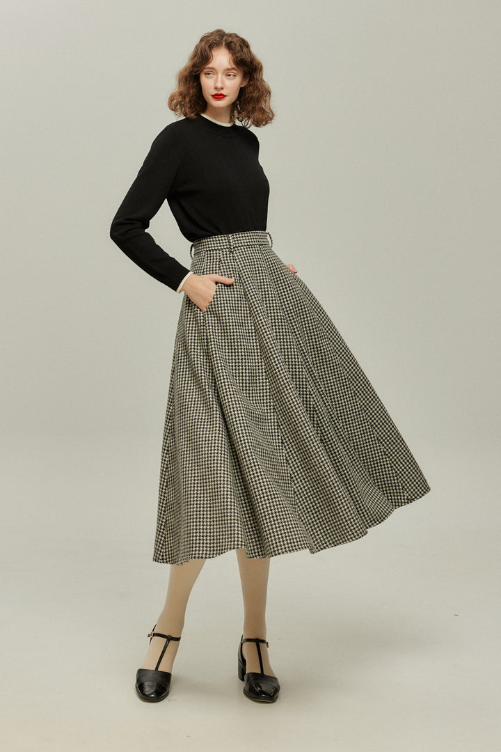 [British Derby Broadcasting] High Waist Check Skirt-Black