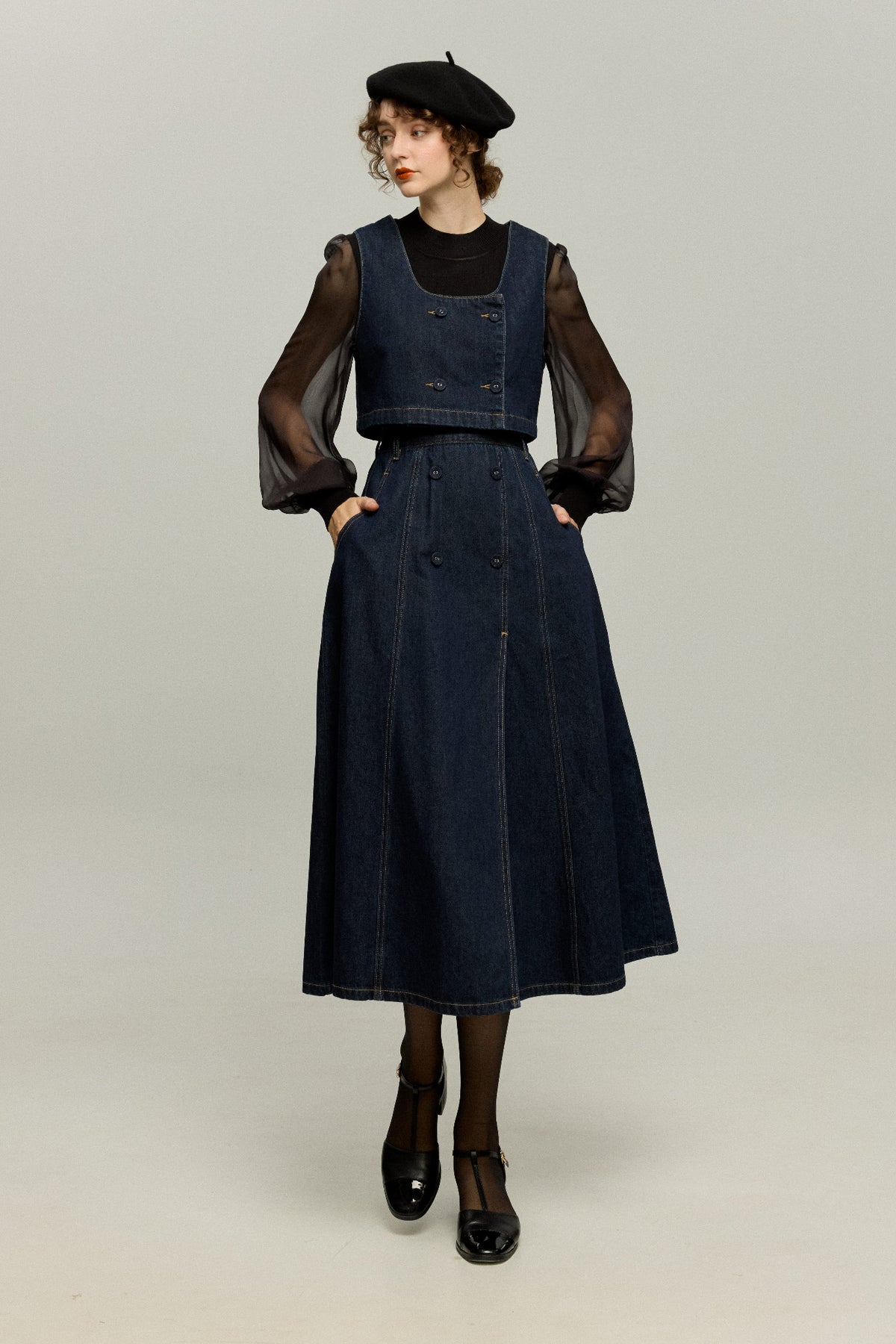 《Maybe It’s a Spaceship》Double-Breasted Denim Vest – Navy