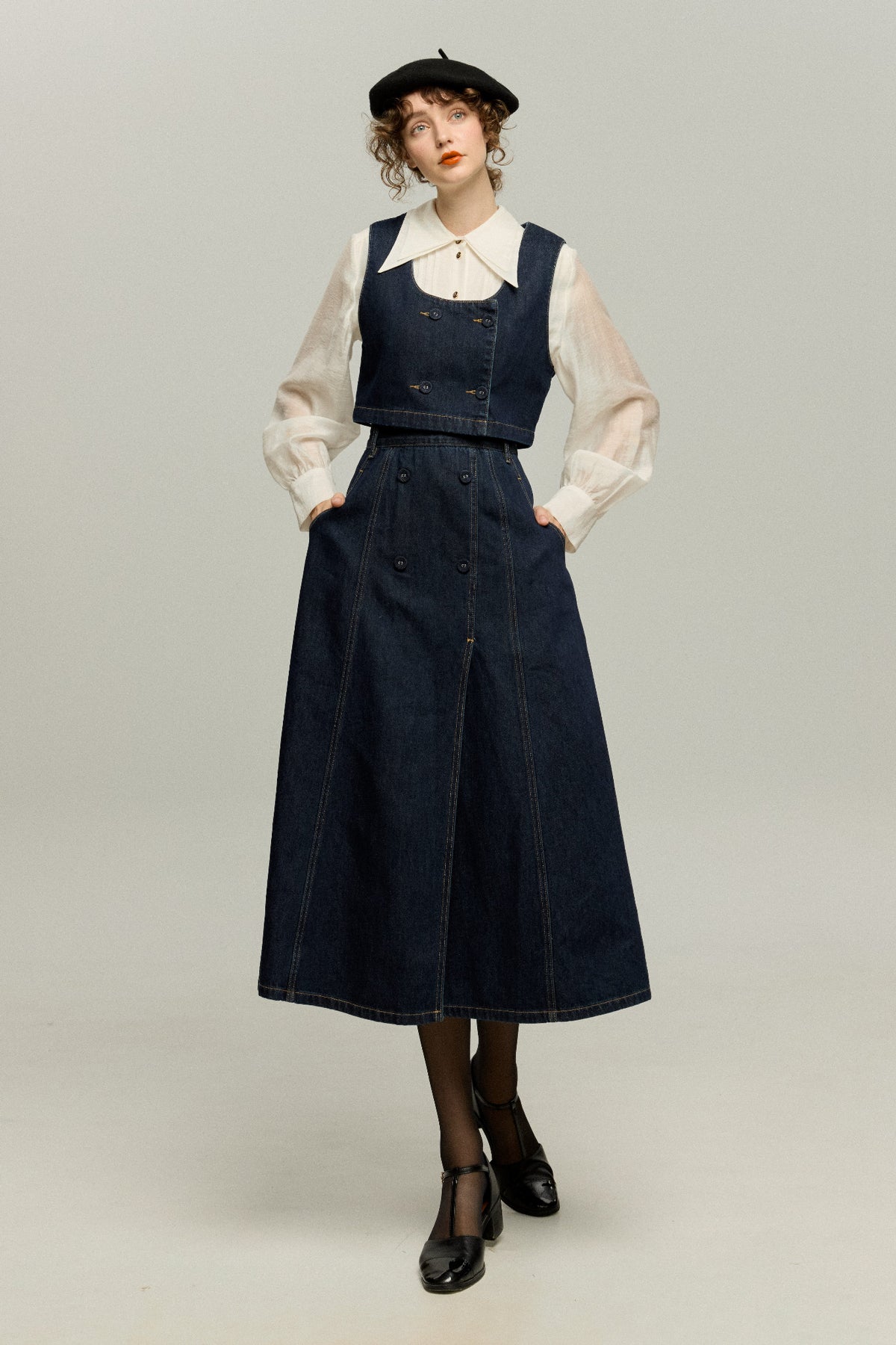《Maybe It’s a Spaceship》Double-Breasted Denim Vest – Navy