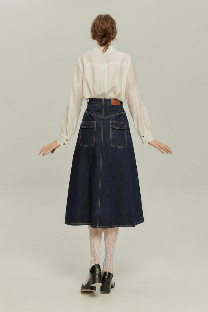 《何階に行きますか？》ダブルブレストデニムスカート-Navy