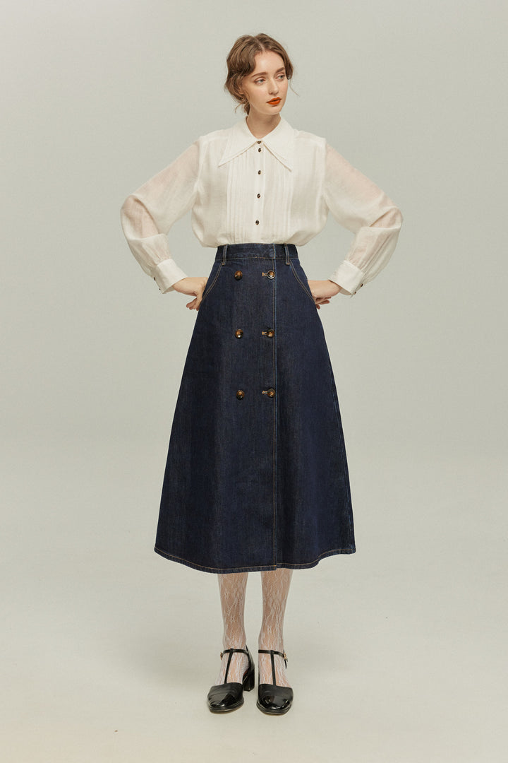 《何階に行きますか？》ダブルブレストデニムスカート-Navy