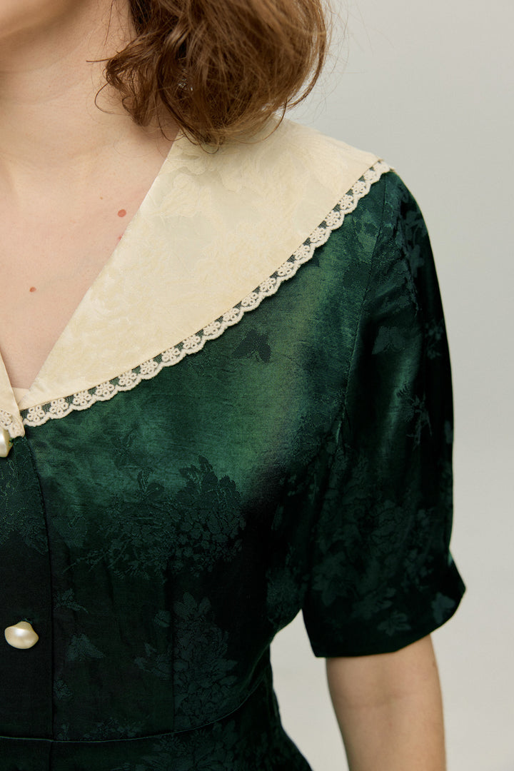 《一籠の包子は何個？》レーストリムジャガードワンピース-Green