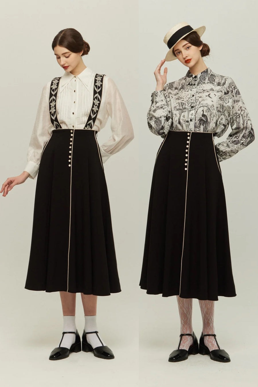 《櫛はいりません》フラワーエンブロイダリーサスペンダースカート-Black