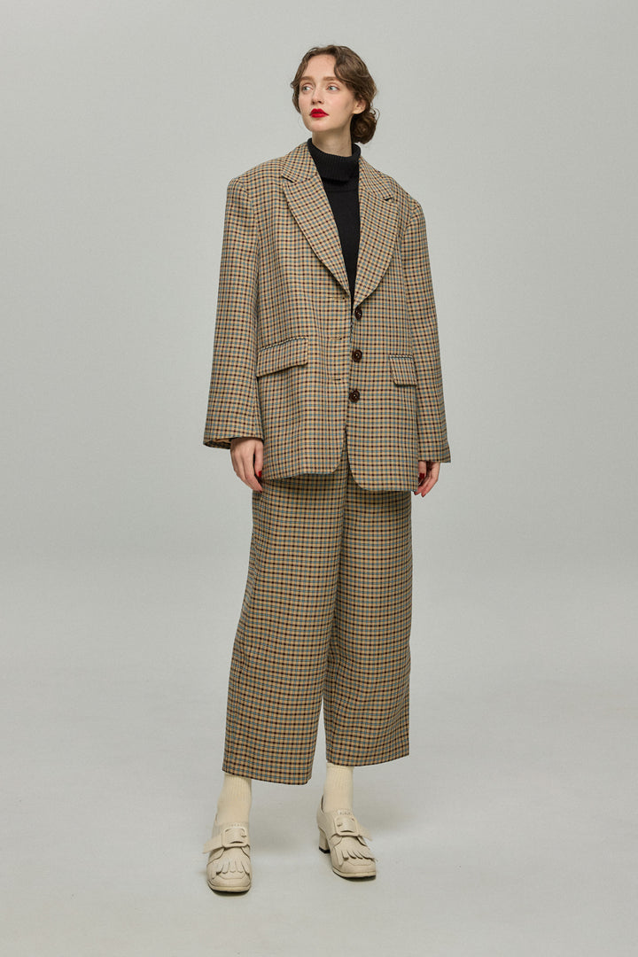 《テディベアの耳をちくちく直す》ハイウエストワイドチェックパンツ-Brown