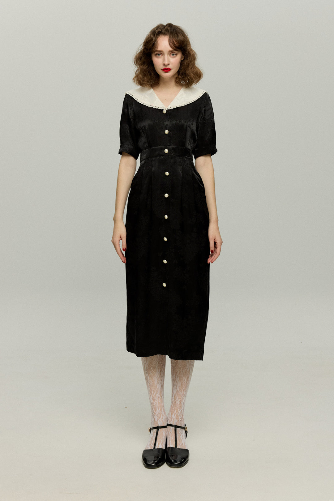 《一籠の包子は何個？》レーストリムジャガードワンピース-Black