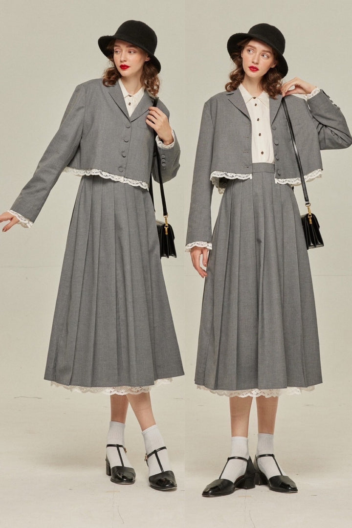 《リリーをルルと見間違えた》レーストリミングプリーツスカート-Gray