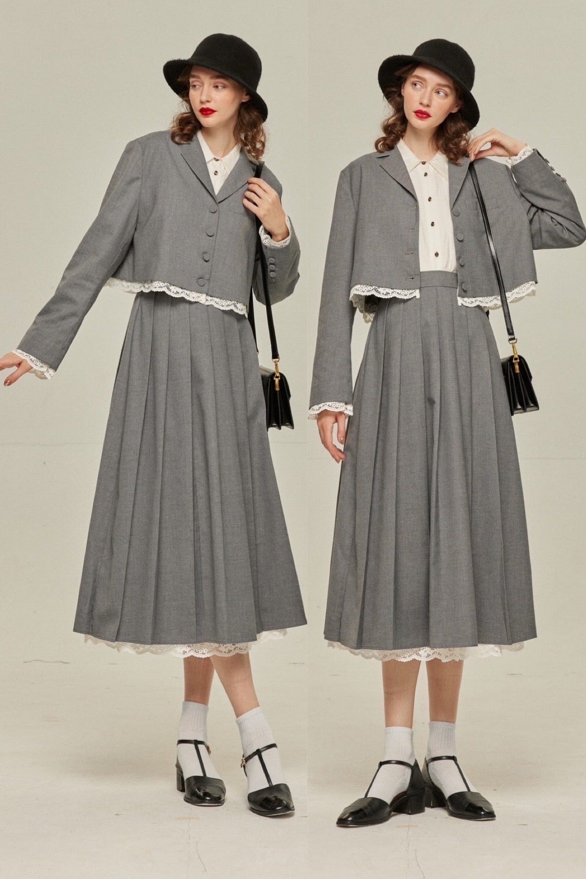 《リリーをルルと見間違えた》レーストリミングプリーツスカート-Gray