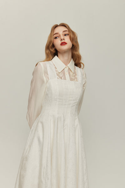 《グルメ番組はこの衣装で》フラワーエンブロイダリーハイウエストドレス-Off White