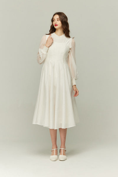 《グルメ番組はこの衣装で》フラワーエンブロイダリーハイウエストドレス-Off White