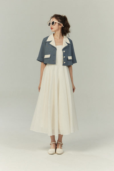 《グルメ番組はこの衣装で》フラワーエンブロイダリーハイウエストドレス-Off White