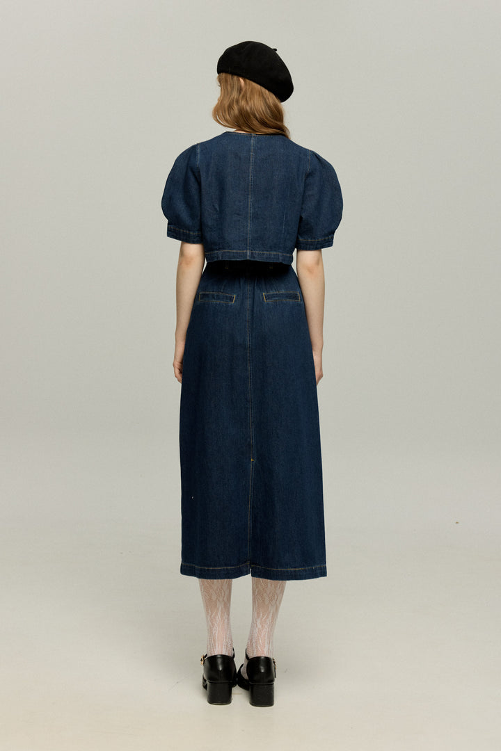 《犬九匹まとめてお散歩中》ダブルブレストハイウエストデニムスカート-Navy
