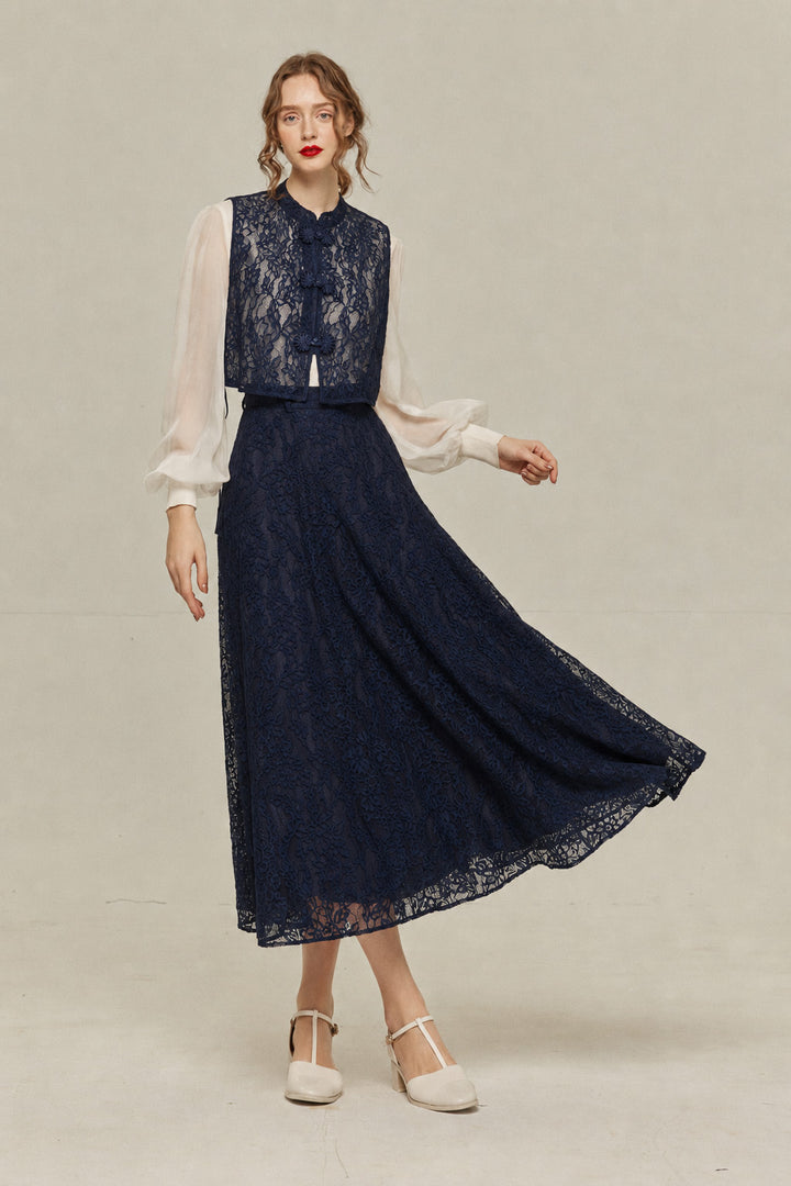 [Existing for 100 years] China buckle sleeveless tops-Navy