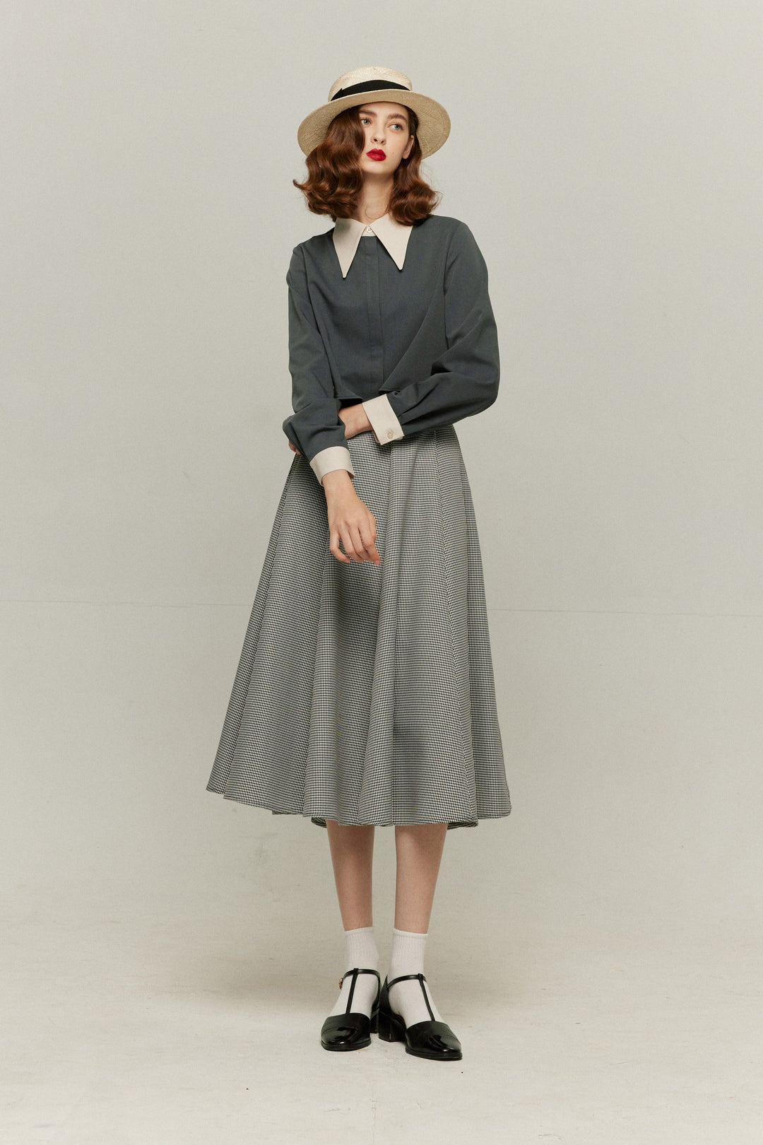 《つい一口食べちゃいました》ハイウエストサーキュラースカート-Houndstooth check