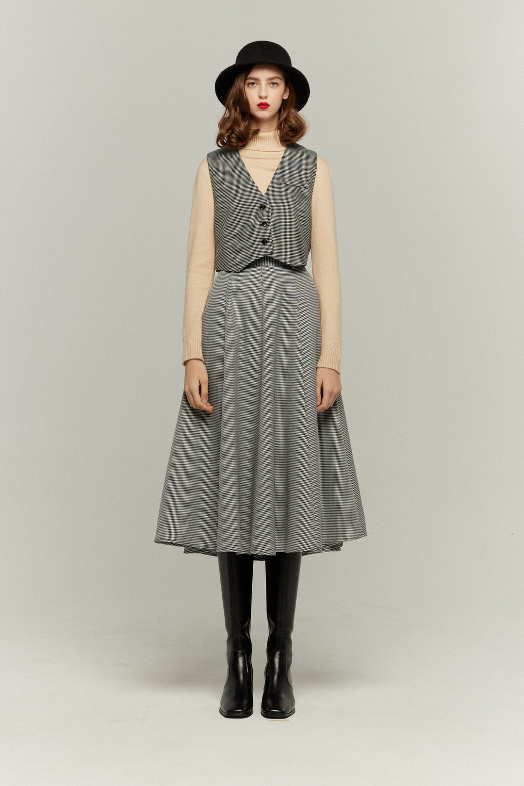 《つい一口食べちゃいました》ハイウエストサーキュラースカート-Houndstooth check