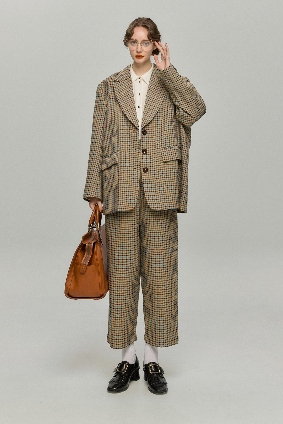 《テディベアの耳をちくちく直す》ハイウエストワイドチェックパンツ-Brown