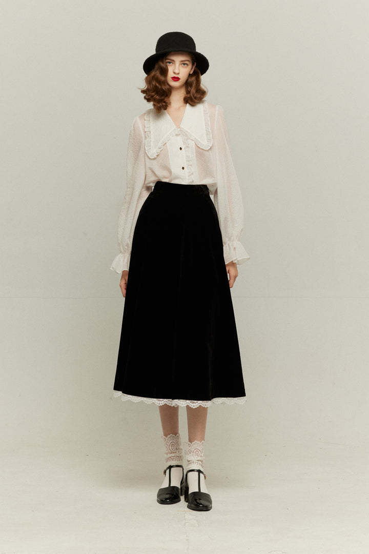 [British accent pronunciation] Lace trim high waist skirt - Black