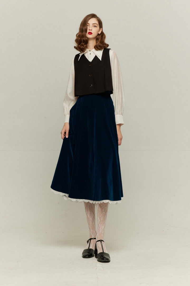 《イギリス訛りの発音》レーストリムハイウエストスカート-Blue