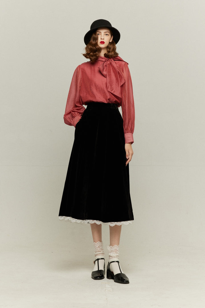 [British accent pronunciation] Lace trim high waist skirt - Black